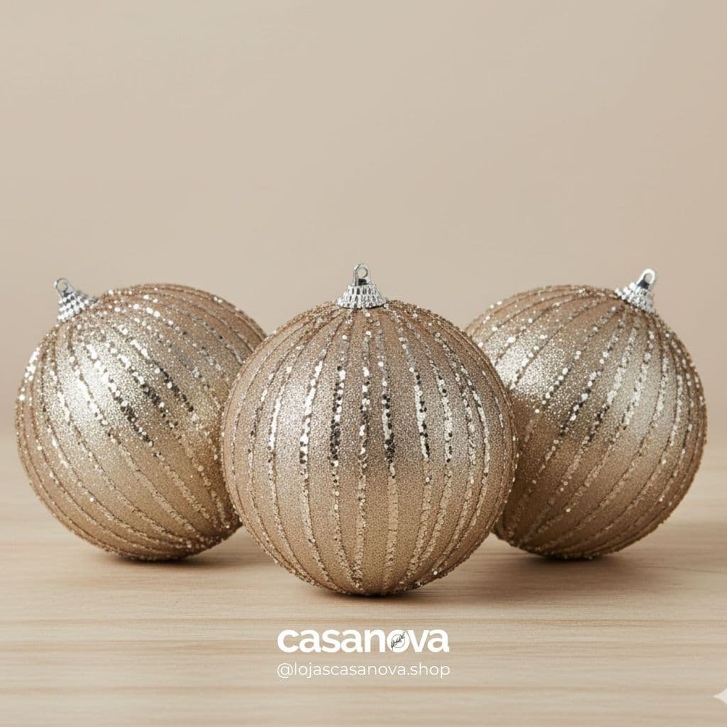 Kit Bolas de Natal Florarte PVC Glitter 10cm Champanhe c/3 Unidades – Decoração de Natal