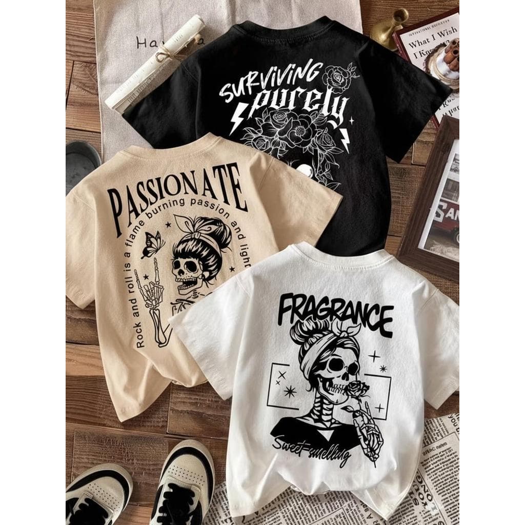 Kit 3 Camiseta Feminina Algodão Premium Adulto Plus Size Infantil Caveira Rock Roll Sad Passionate Fragrance Survive