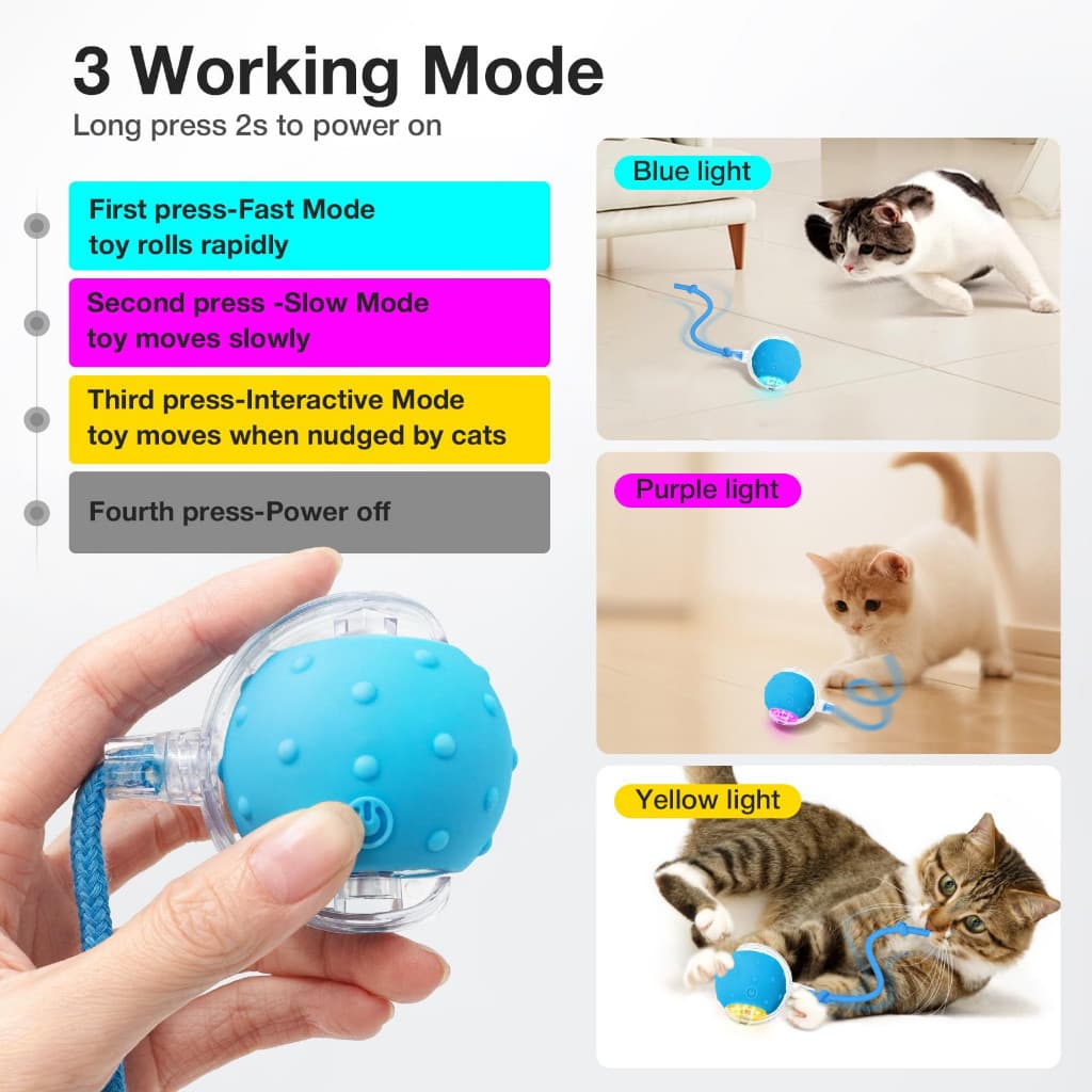Bola de Brinquedo Automática para Gatos, com Cauda Falsa e Sons de Pássaros – USB Recarregável