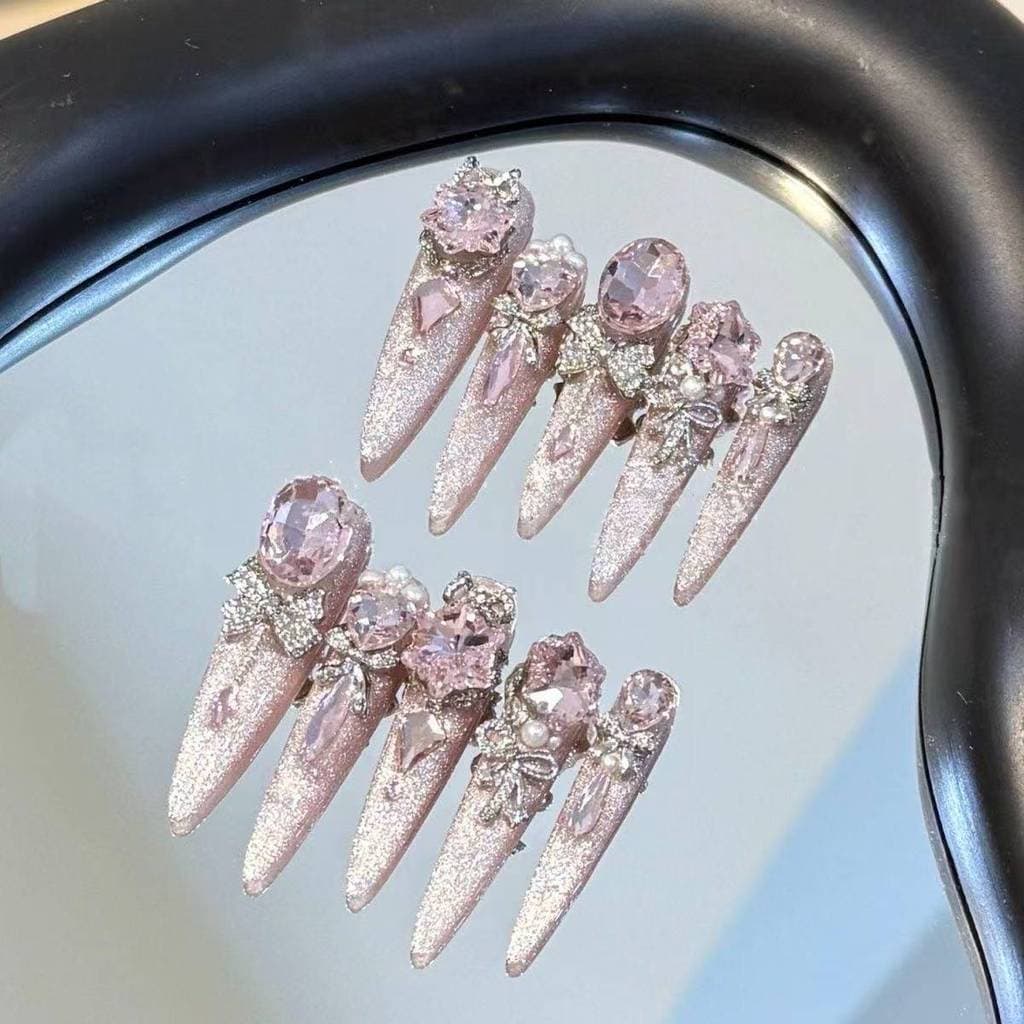 Rosa Luxuoso Olho De Gato Glitter Stiletto Artesanal Imprensa Em Unhas Doce Legal 3D Diamante Pérola Removível Falsas Pr