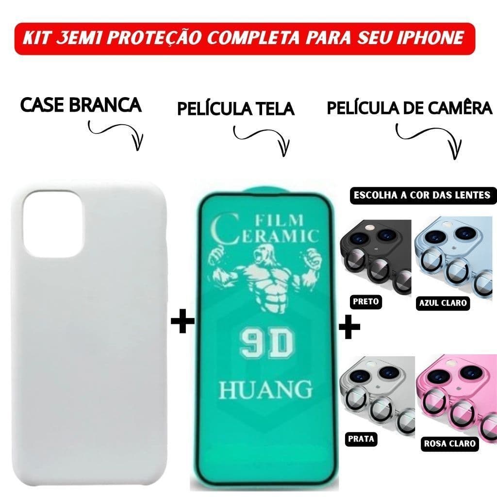 Kit 3 em 1 Case Branca + Película Cerâmica + Lente Câmera Colorida Compatível iPhone 11 12 13 14 15 16 Pro Max royal