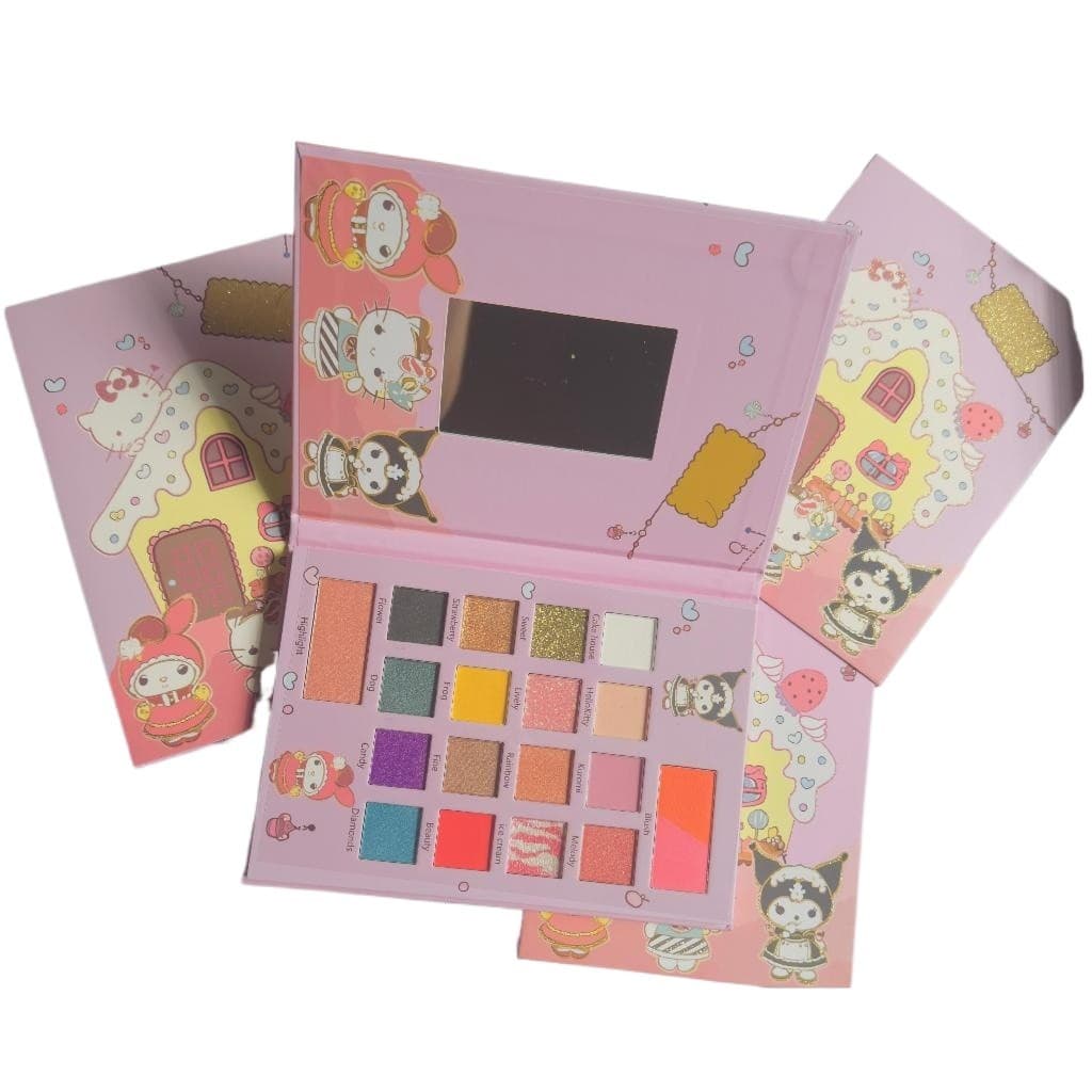 Paleta de Sombras infantil Hello Kitty, Kuromi e My Melody 16 Cores + Blush + iluminador