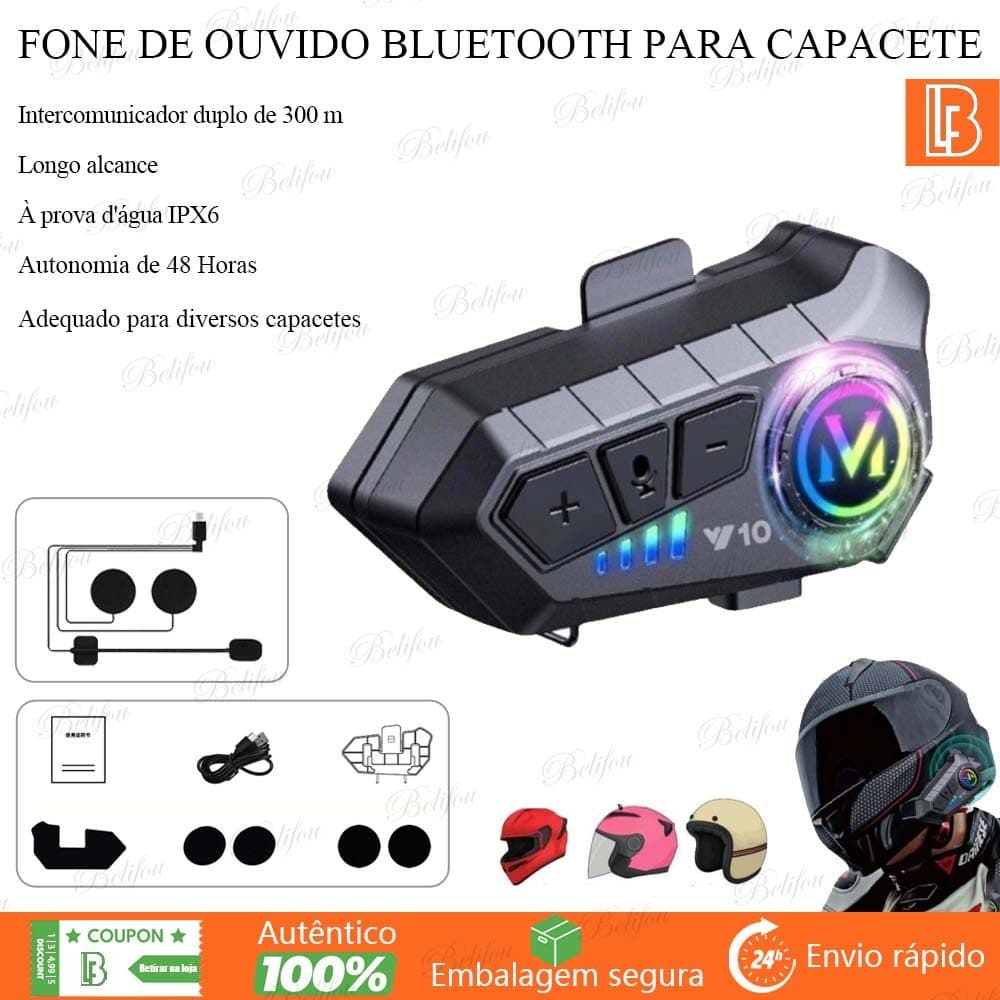 Y10 Fone de Ouvido de Capacete Bluetooth 5.3 Intercomunicador Moto À Prova D'Água IPX6 Kit Chamadas Mãos Livres