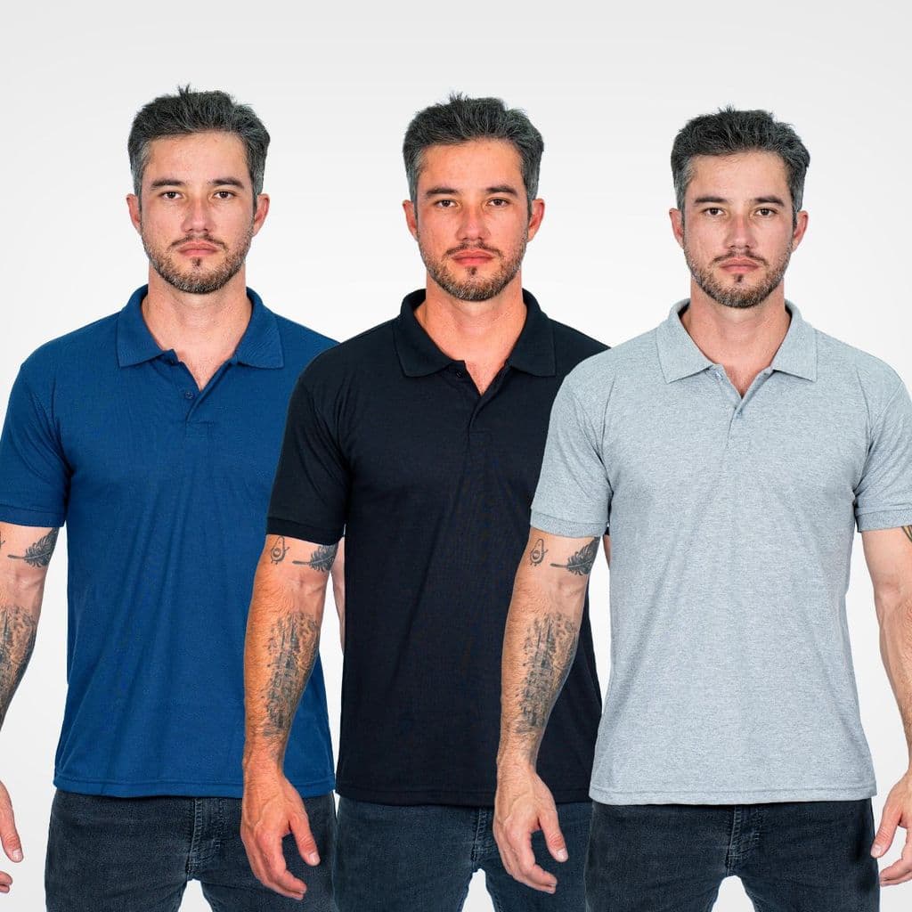 Kit 3 Camisa Polo Masculina Malha Piquet Lisa Básica Casual