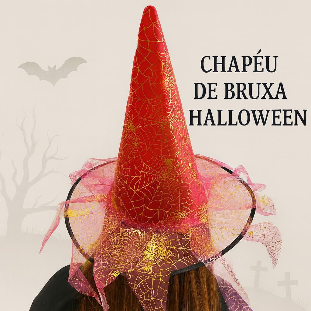 ✅️ Chapéu de Bruxa Halloween Vermelho com Detalhes de Teia 🕸️🎃