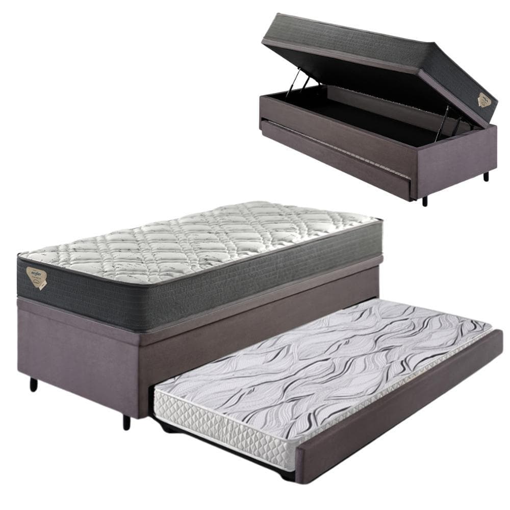 Bicama  Baú Solteirão Com Colchão Adapto Suede Cinza 96x203