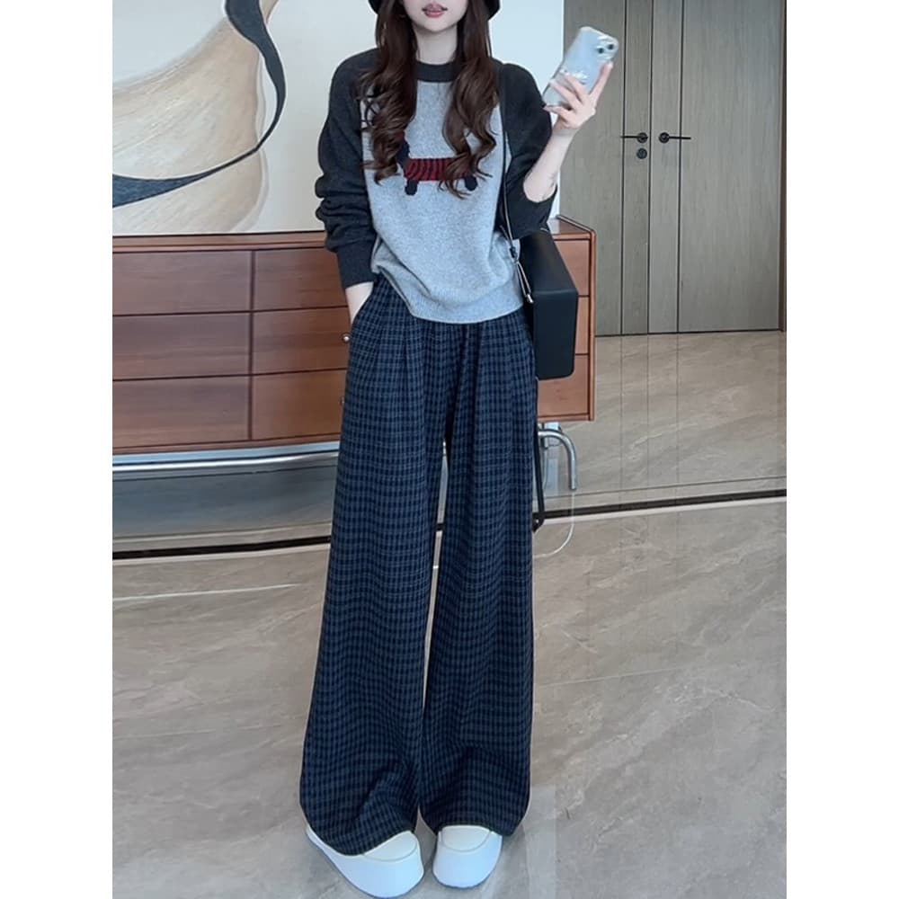 Preto cinza xadrez calças casuais femininas outono novo estilo tamanho grande gordura mm solto mais magro olhar Retro es