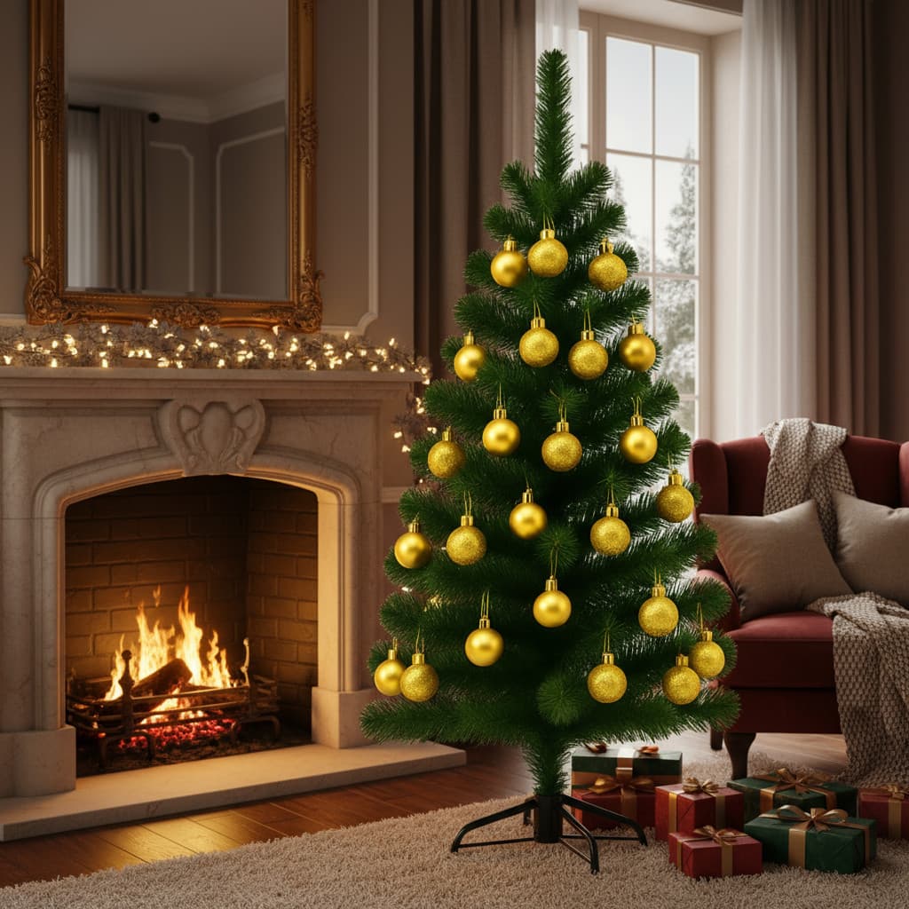 Árvore De Natal Verde 120cm Com 30 Bolas Douradas De Enfeite