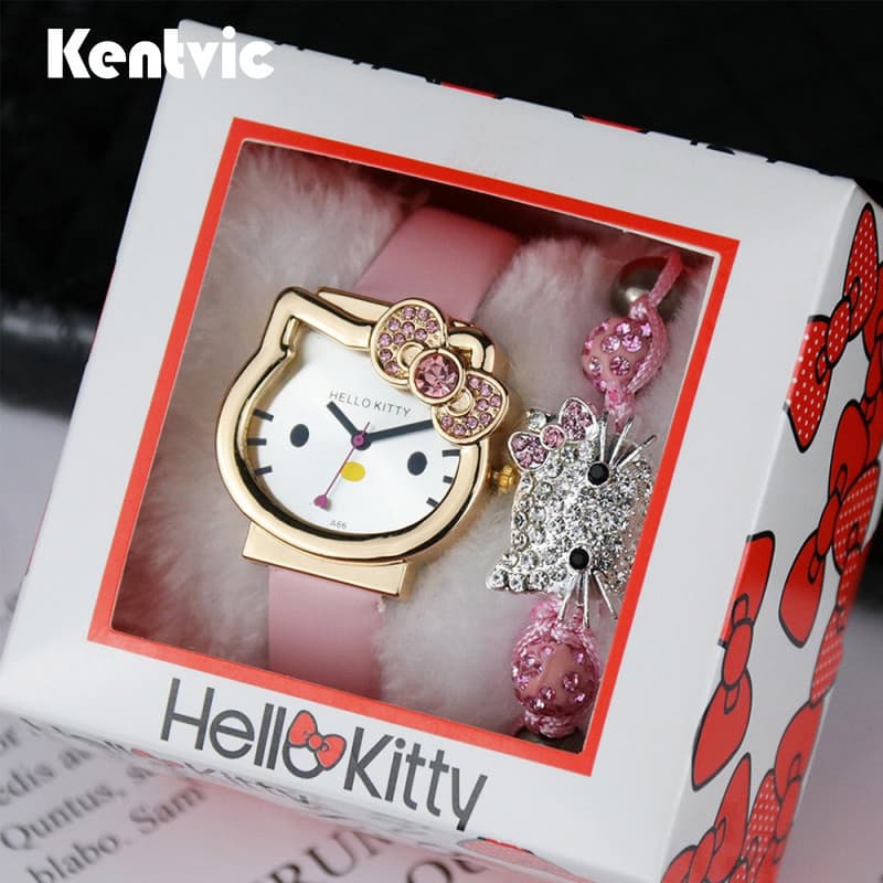 Conjunto De Relógio E Pulseira Feminino Hello Kitty Com Caixa De Presente Infantil Rosa Anime Original