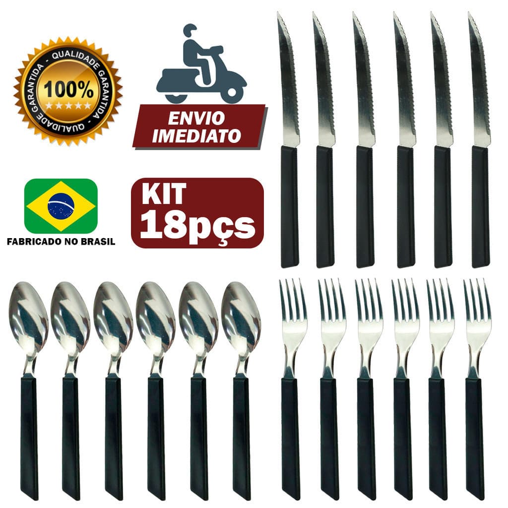 Talheres jogo 18 peças Aço Inox 6 Facas 6 Garfos e 6 Colheres de Mesa Casa Para Cozinha