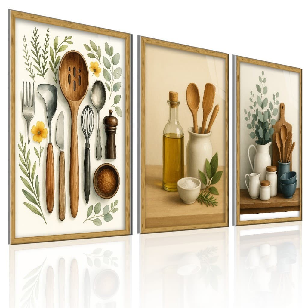 Kit 3 Quadros Decorativos Utensílios Cozinha Gourmet Moderno Sala Jantar Parede Exclusivo Grande