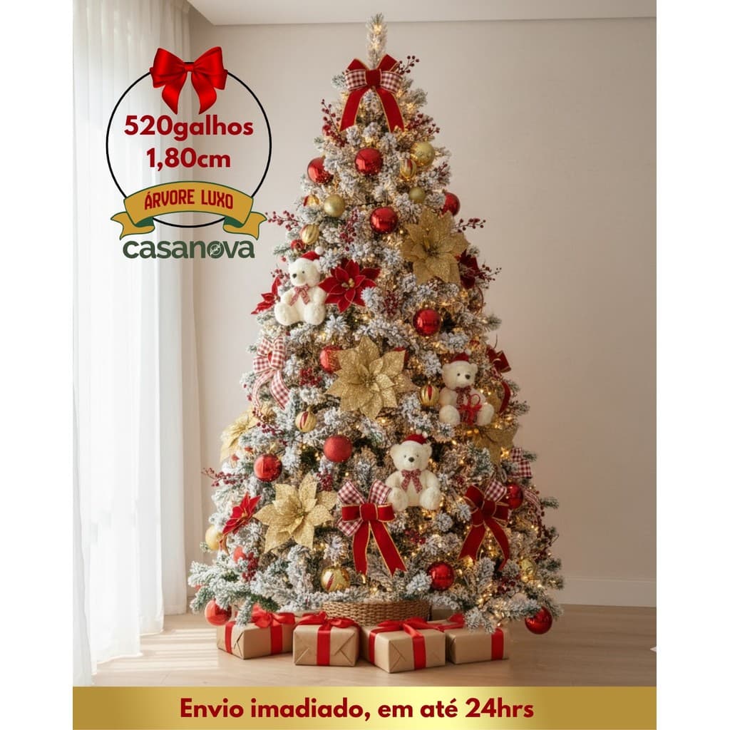 Árvore de Natal Cheia Nevada 1,80m com 520 Galhos Pé de Metal Pinheiro Decoração Natal Luxo Premium