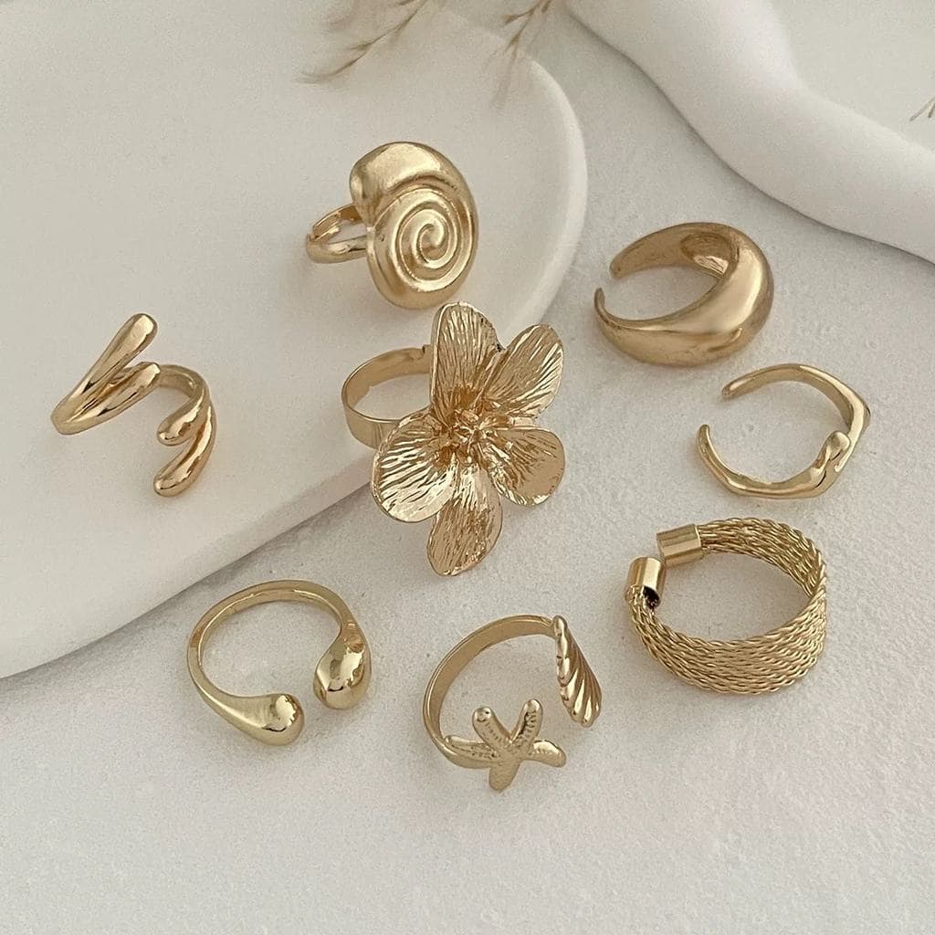 Kit 8 Anéis Dourados Femininos Ajustáveis Estilo Praia Flor Concha Boho Para Look Elegante