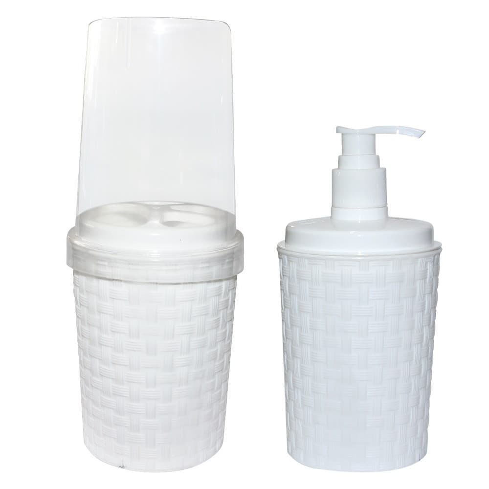 Kit De Banheiro Lavabo Porta Sabonete Líquido Rattan - Escova De Dente - Branco