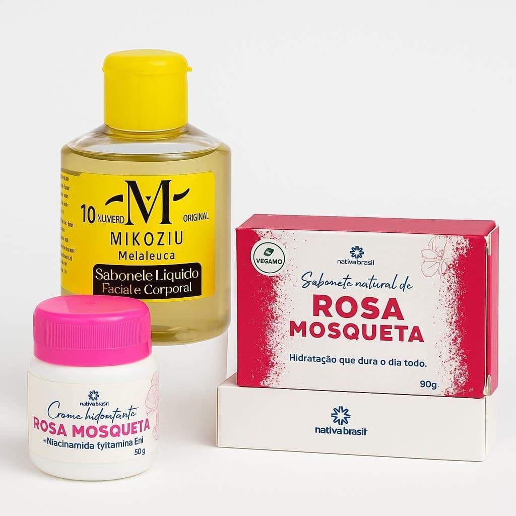 Kit Tratamento de Melasma Sabonete barra e Pomada Rosa Mosqueta Tira manchas + Sabonete em Liquido Micoziu