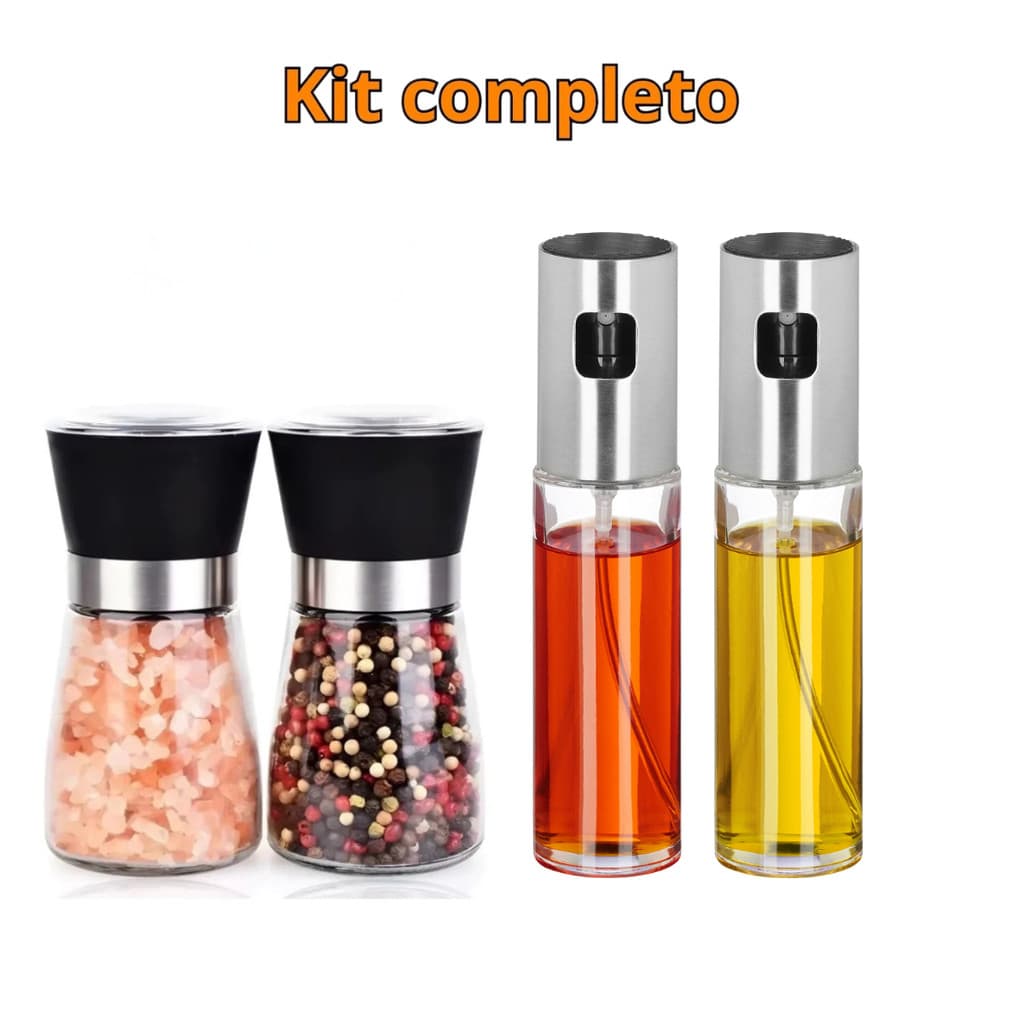 2 Moedores de Mão Pimenta e Sal + 2 Borrifadores Spray Azeite e Óleo para Air Fryer