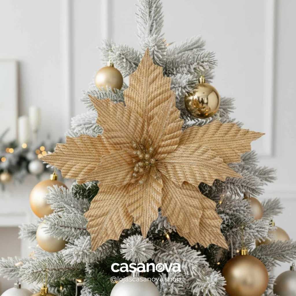 Flor Bico de Papagaio Natal com Glitter Dourado Glitter Dourado 28cm Alt - Enfeite Natalino Florarte