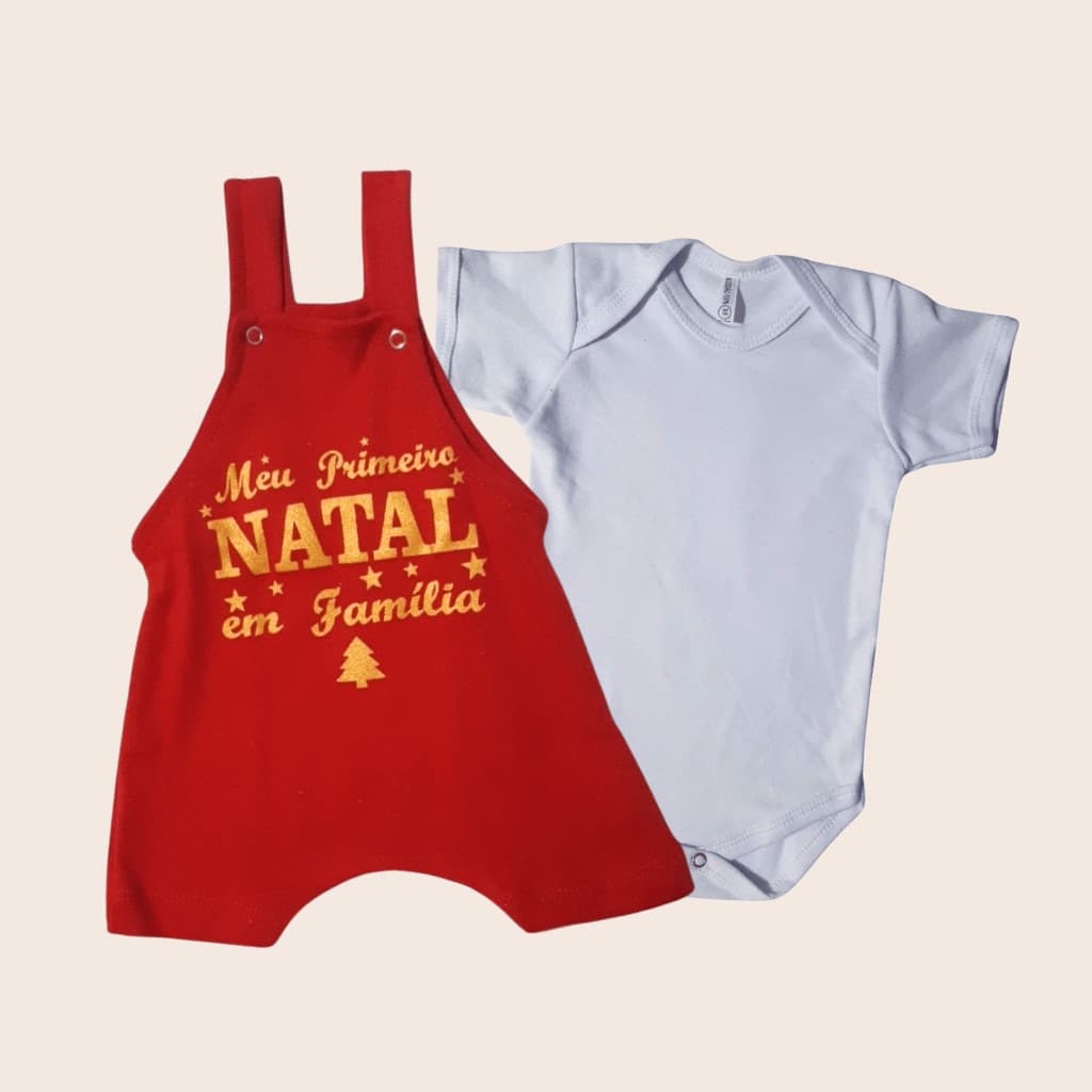 kit conjunto jardineira e body natal, roupa infantil temático natal dourado + branco liso 100% algodão
