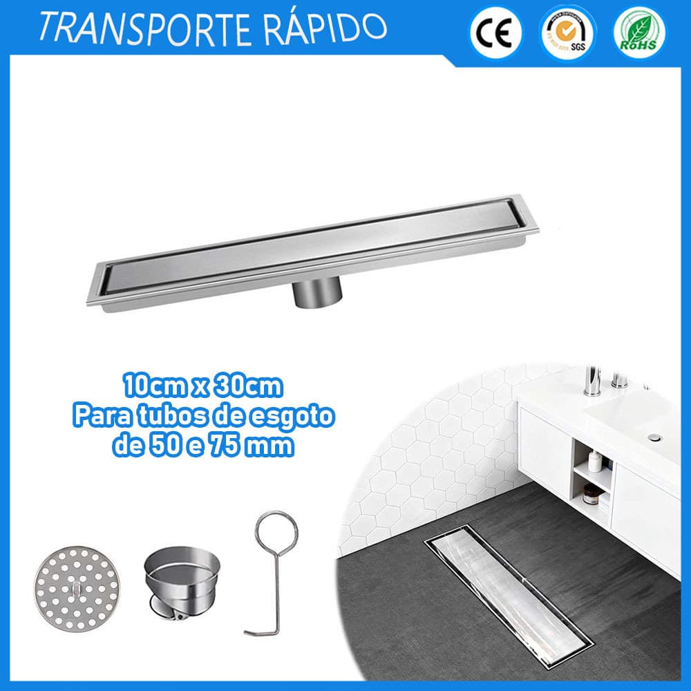 Dreno de piso de chuveiro Linear, drenagem de banheiro de aço inoxidável, dreno de piso invisível-10cm x 30cm, prata