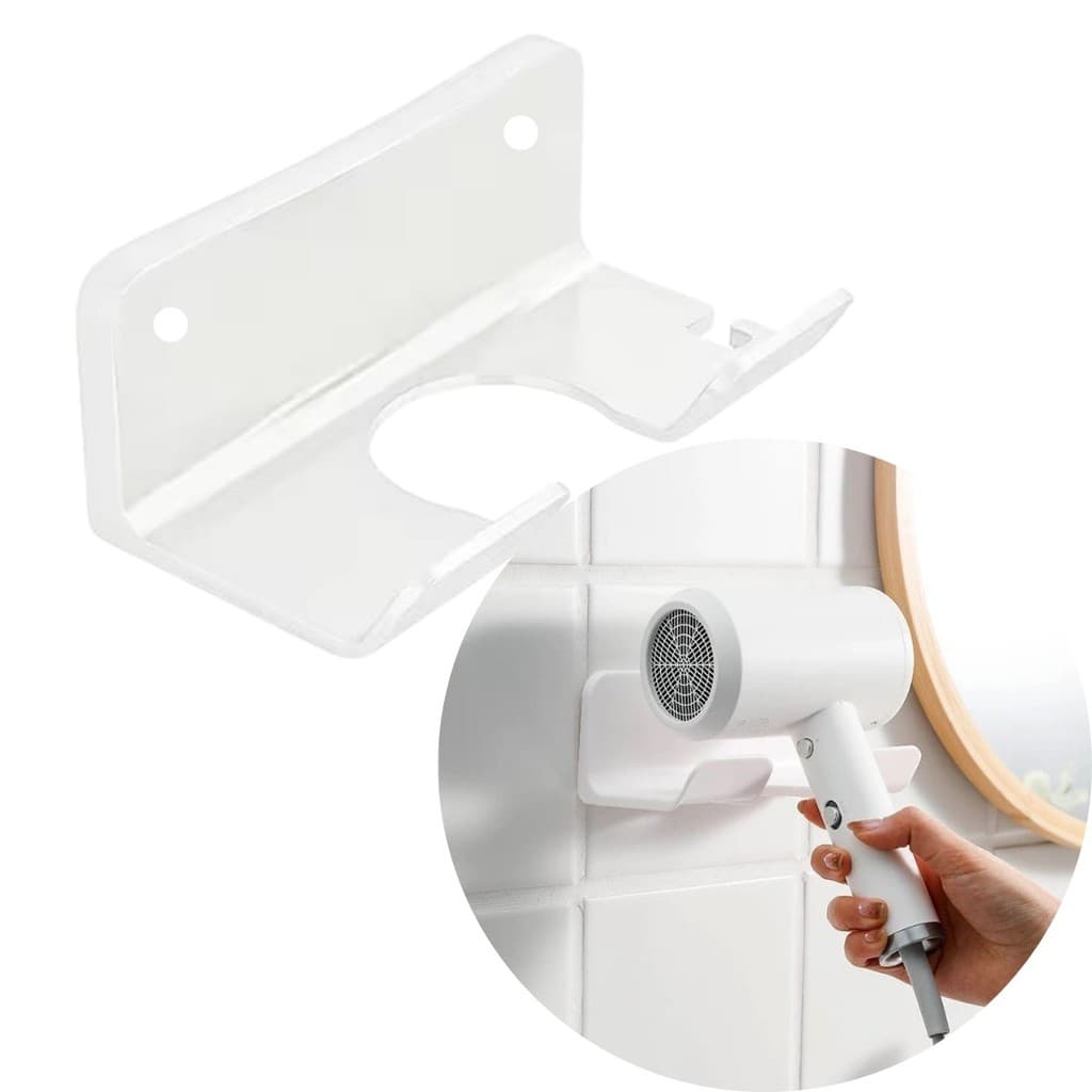Suporte de Parede Secador de Cabelo Universal c/parafuso e bucha Transparente Preto Branco