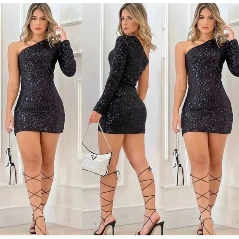 Vestido Curto Paetê Feminino Tubinho Um Ombro Só Brilho Luxo Blogueira