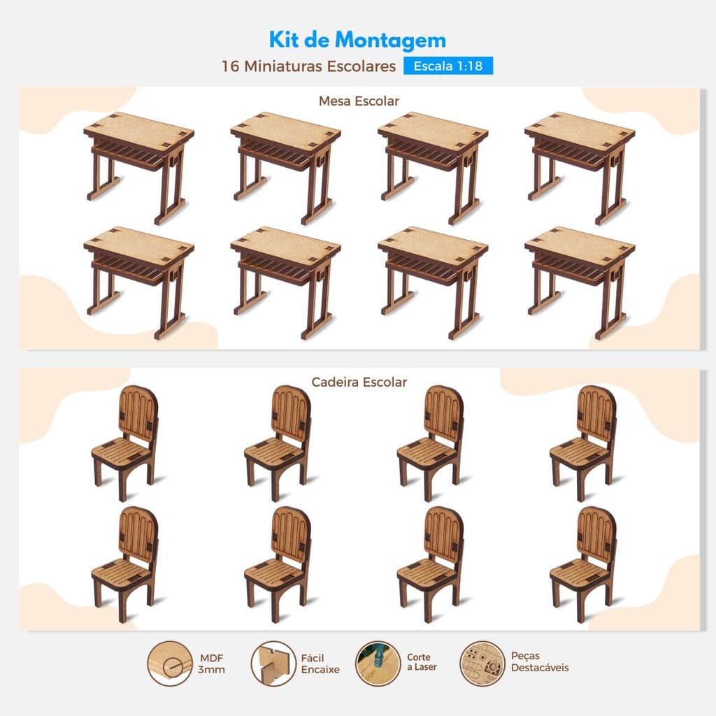 Kit de Montagem 16 Miniaturas Escolares Sala de Aula Escala 1:18 Maquete Diorama Puzzle 3D