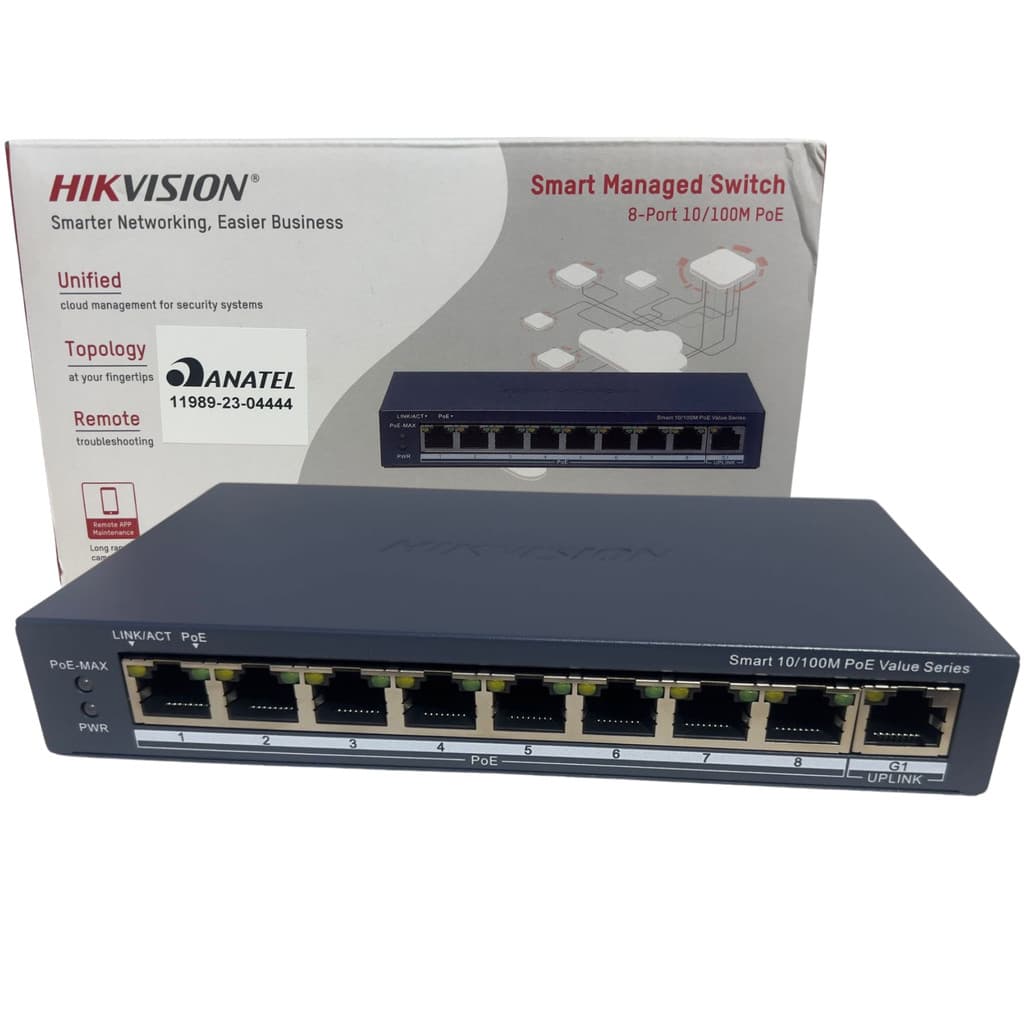 Switch Hikvision 8 Portas PoE Gerenciável + 1 Uplink Gigabit DS-3E1309P-EI/M, 60W, 3.6Gbps, Metálico