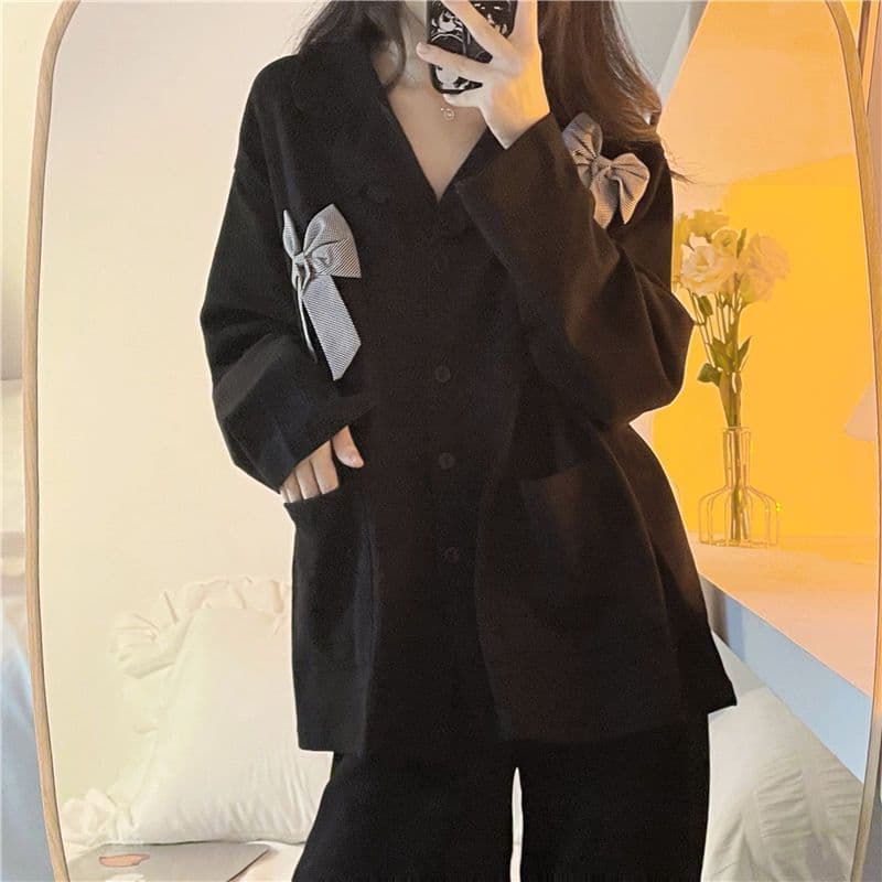 Versão coreana pijamas femininos outono inverno doce manga comprida exterior Wear Cardigan solto tamanho grande Bowknot