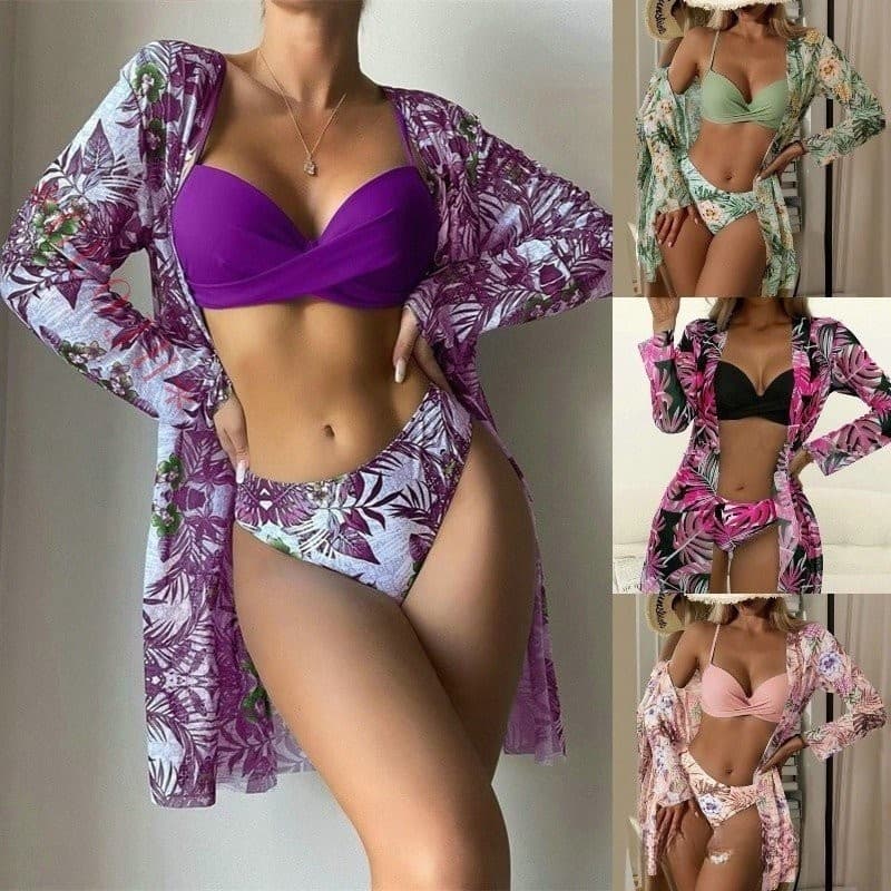 Conjunto De Biquíni De Cintura Alta 3 Feminino Com Sutiã Camisa De Três Peças Quimono Estampa Rosa EPDK