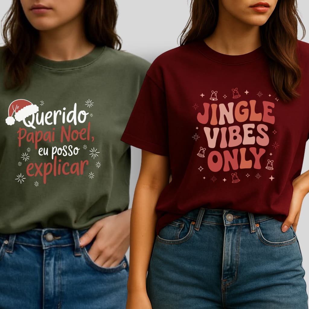 Kit 2 Camisetas Femininas de Natal Algodão Final do Ano Promoção Natalina