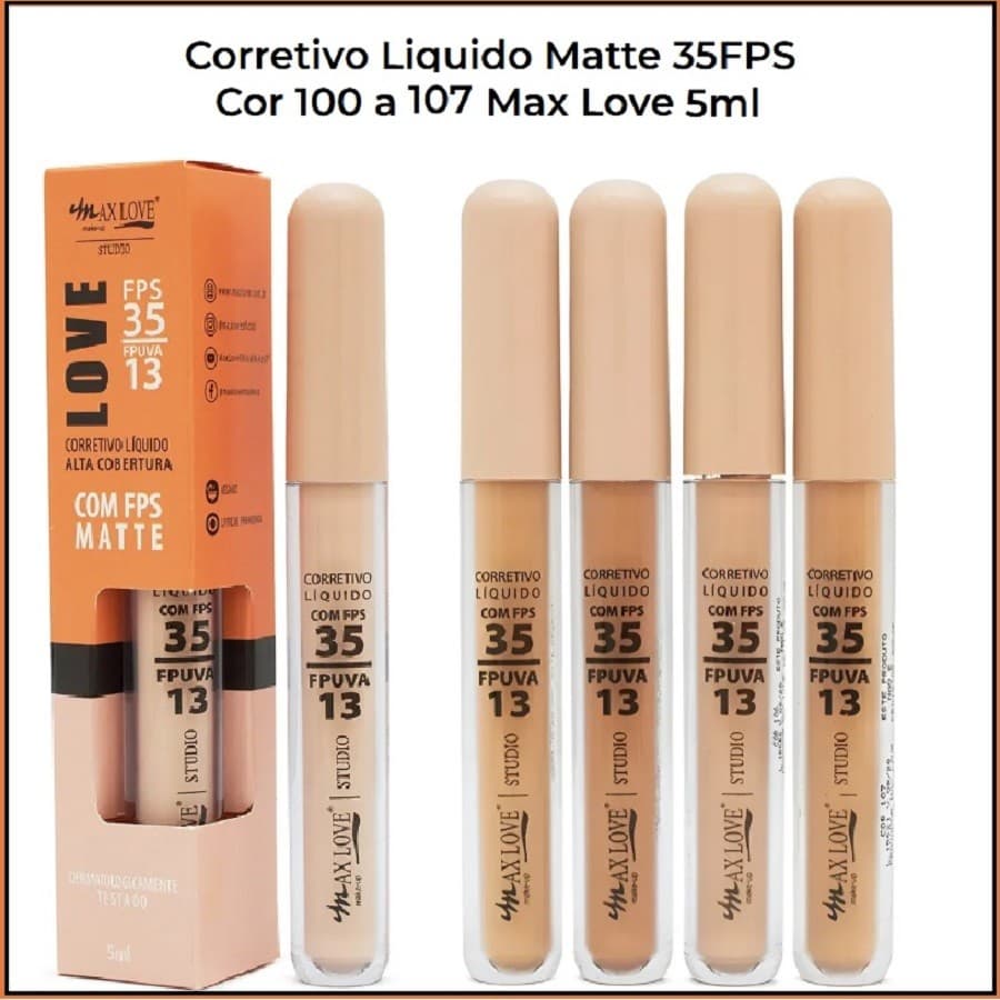 Corretivo Liquido Matte Com FPS35 e Alta Cobertura - Cores Claras e Médias 5ml - Max Love