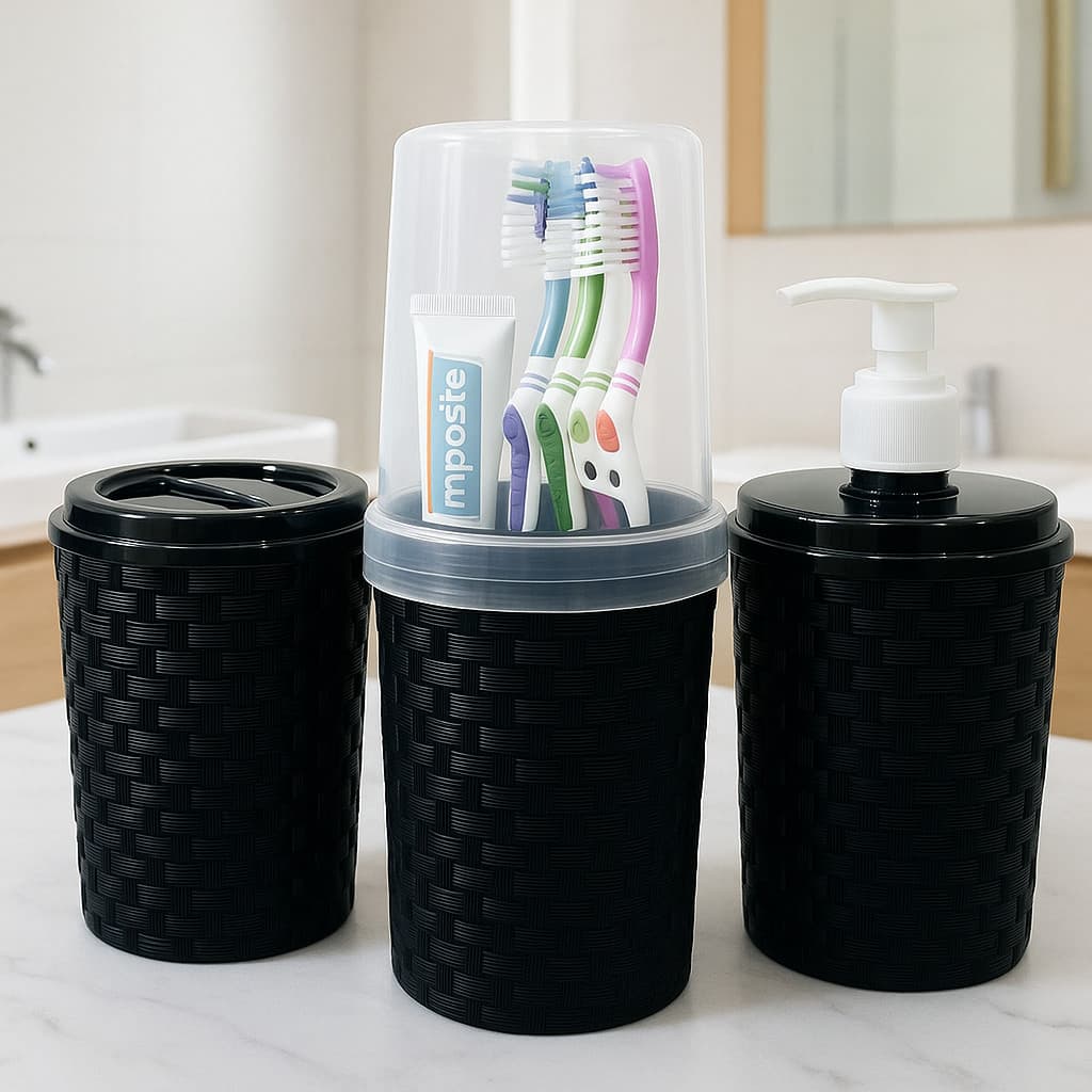 Conjunto para Banheiro 3 Peças Textura Rattan – Porta Sabonete Porta Escovas Porta Algodão/Cotonetes