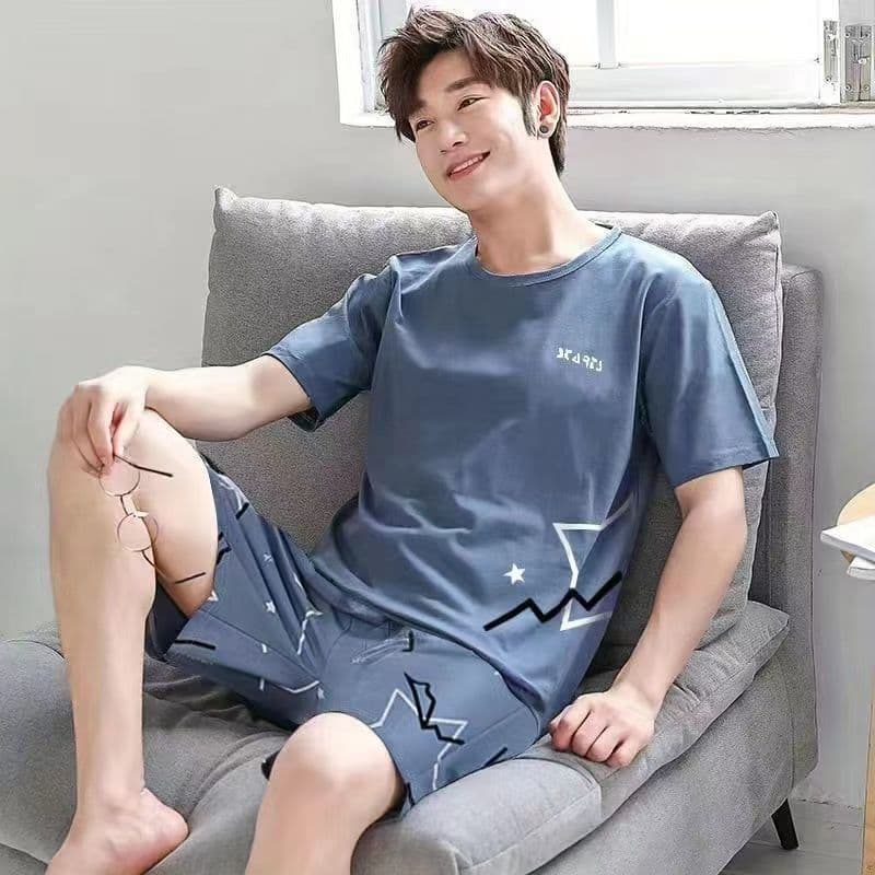 Pijamas masculinos verão novo estilo em torno do pescoço de manga curta pijamas de verão masculino Shorts Loungewear ter