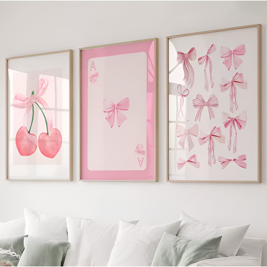 Quadros Decorativos Aesthetic Fashion Cherry Cereja Rosa Moderno 3 Peças