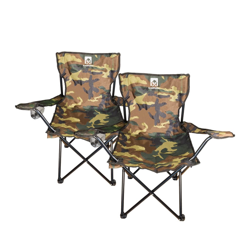 Kit 2 Cadeira Camuflada Camping Pesca Praia Dobrável Porta Copo C/ Bolsa Suporta até 150kg