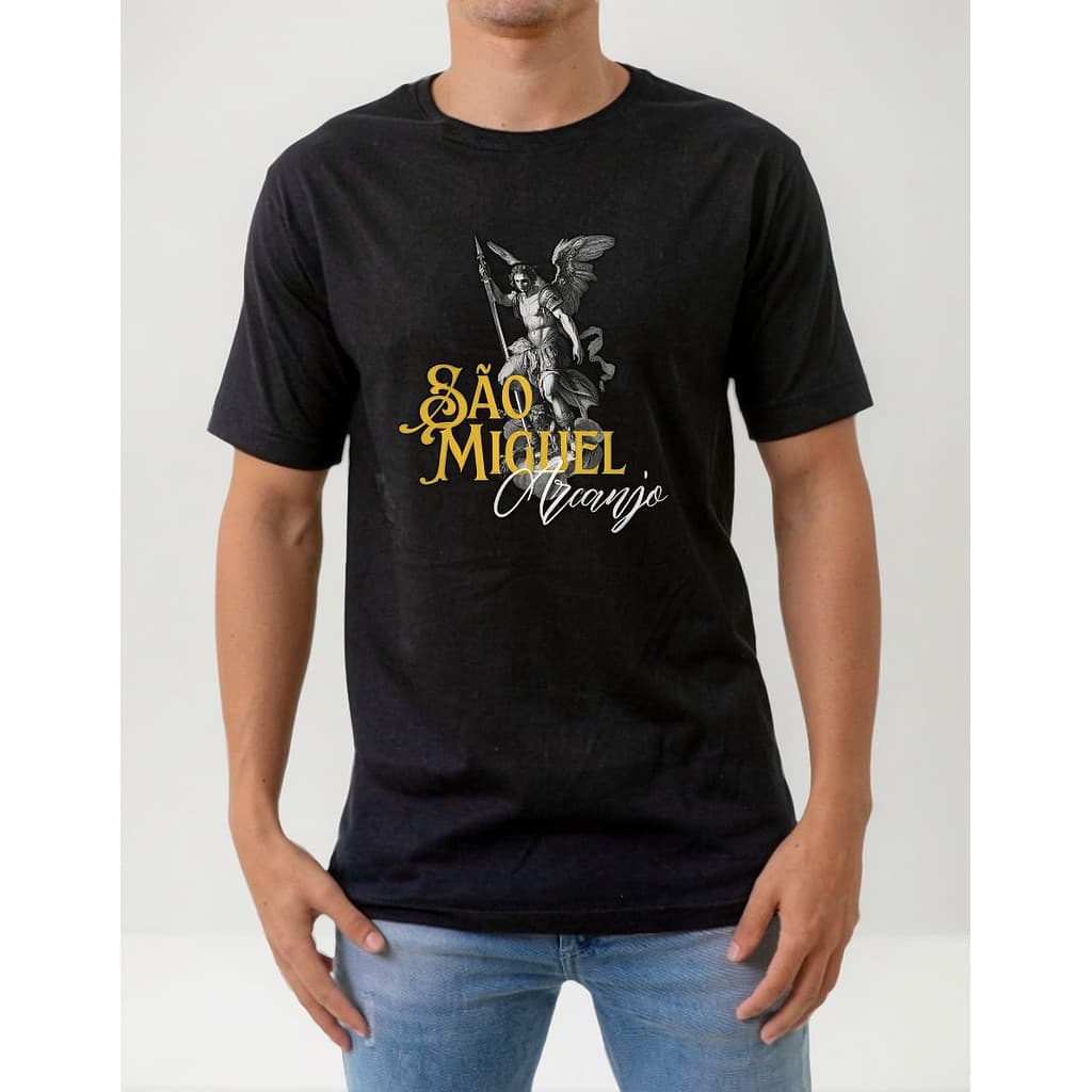 Camiseta Arcanjo São Miguel Preta 100% Algodão Masculina