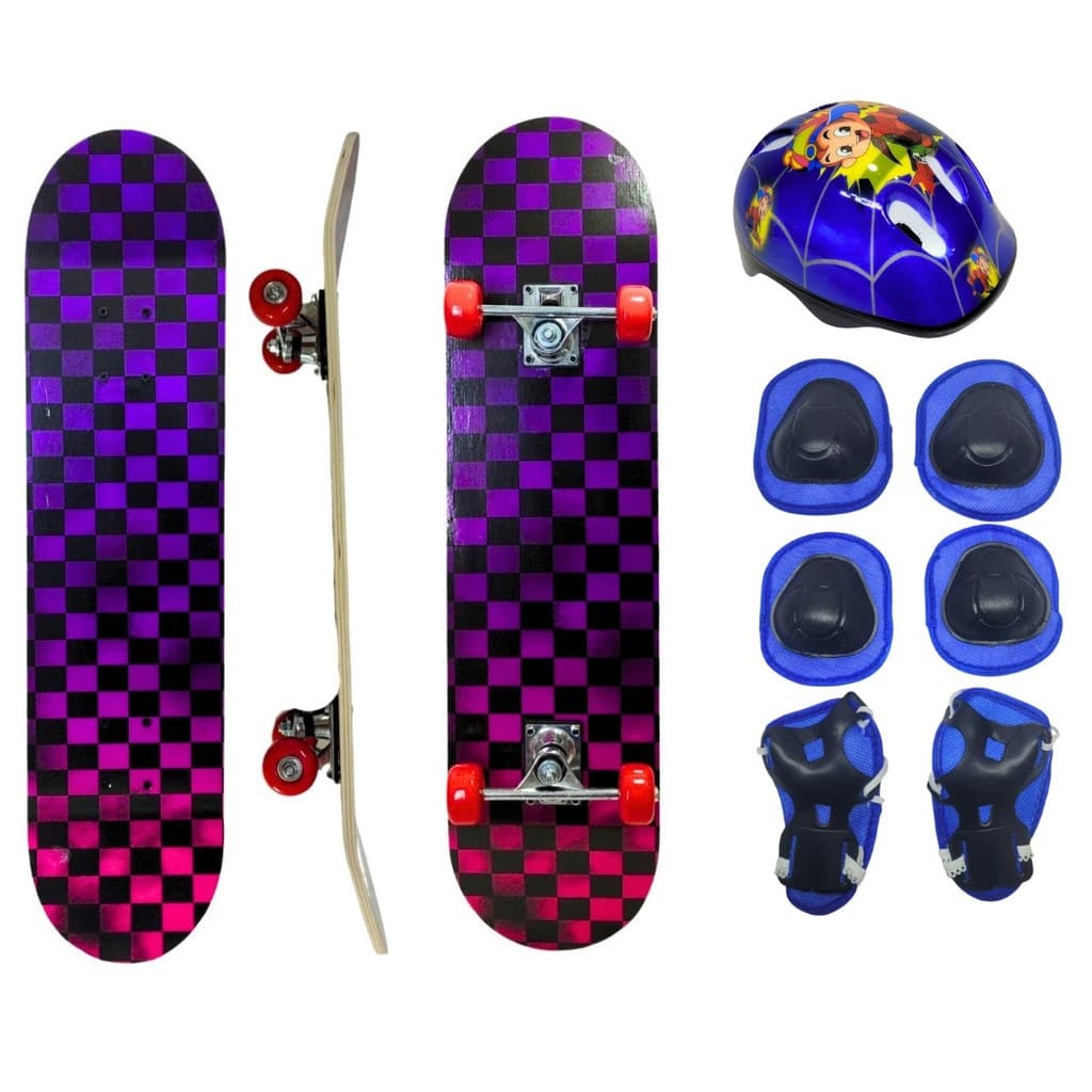 Skate Xadrez 50 Kg + Kit Proteção 7 Peças Completo Desenho Azul