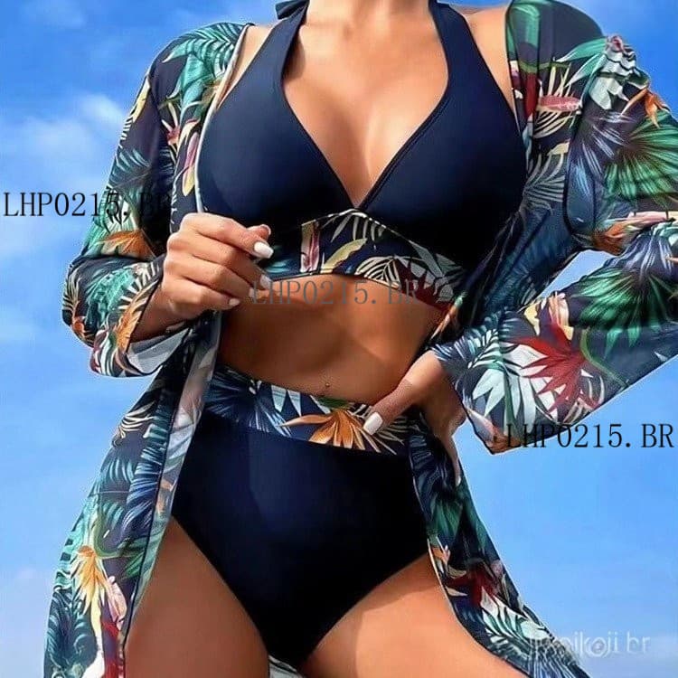 Biquíni De Praia Feminino De Cintura Alta Com Blusa Estampada , Cor Sólida , Conjunto De 3 Peças YWHB