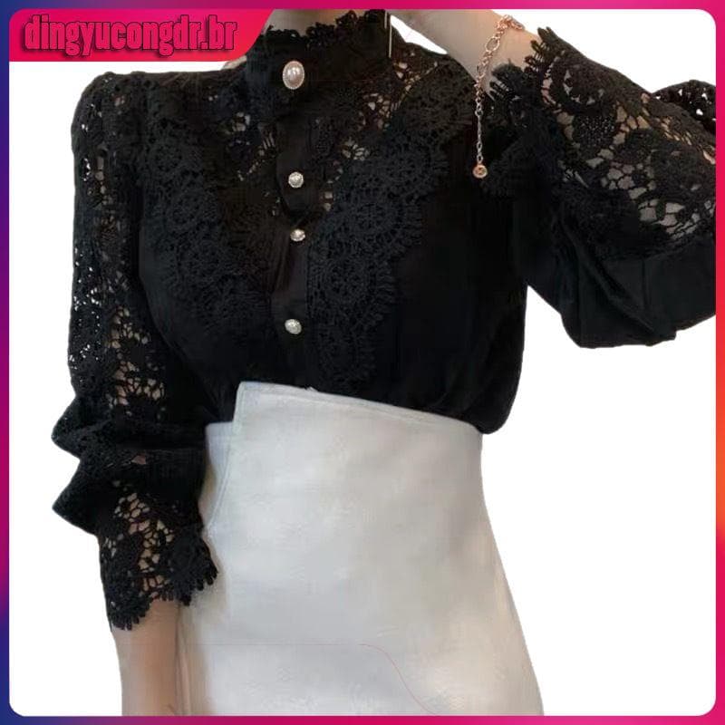 Blusa Feminina Elegante De Renda Com Botão E Manga Comprida 2022