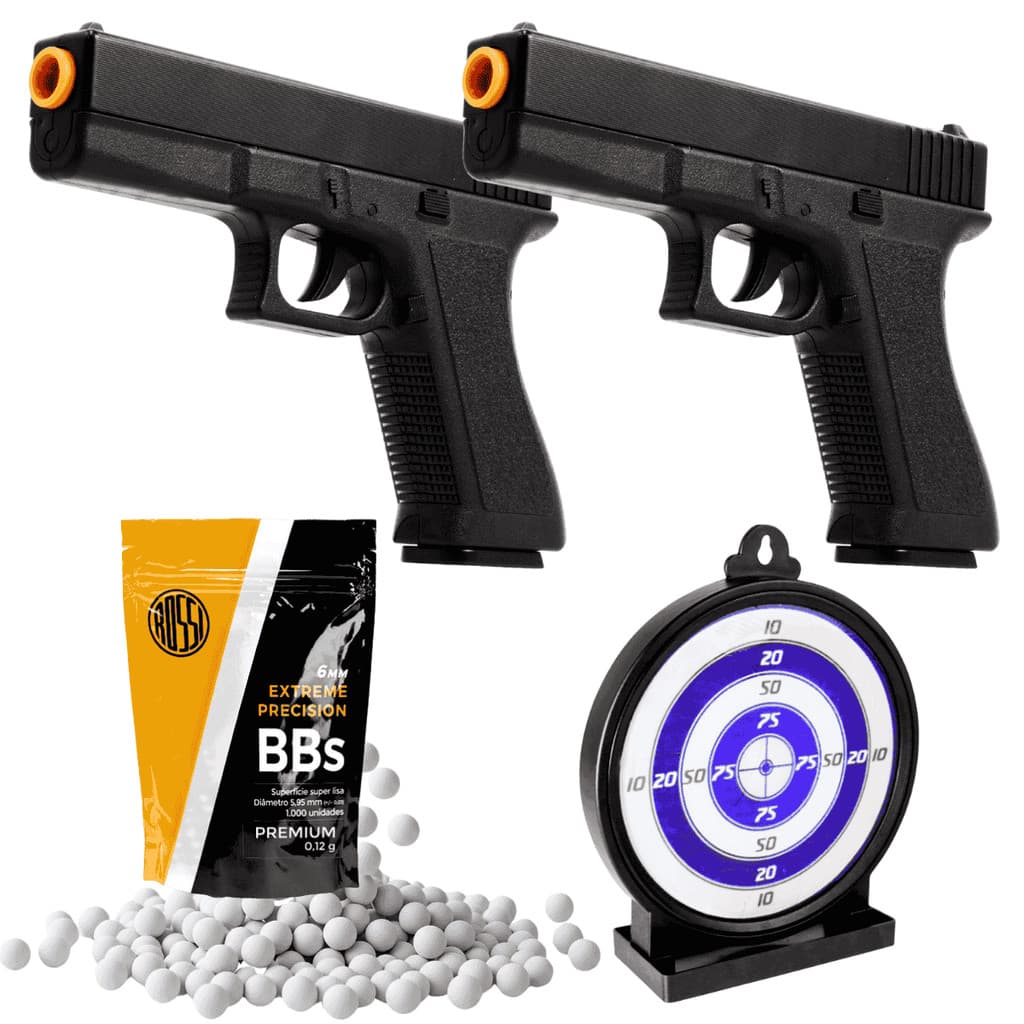 Kit Airsoft Dupla: 2 Pistolas Vigor GK-V307 Spring Mola 6mm + 1000 Esferas Rossi + Alvo Treino