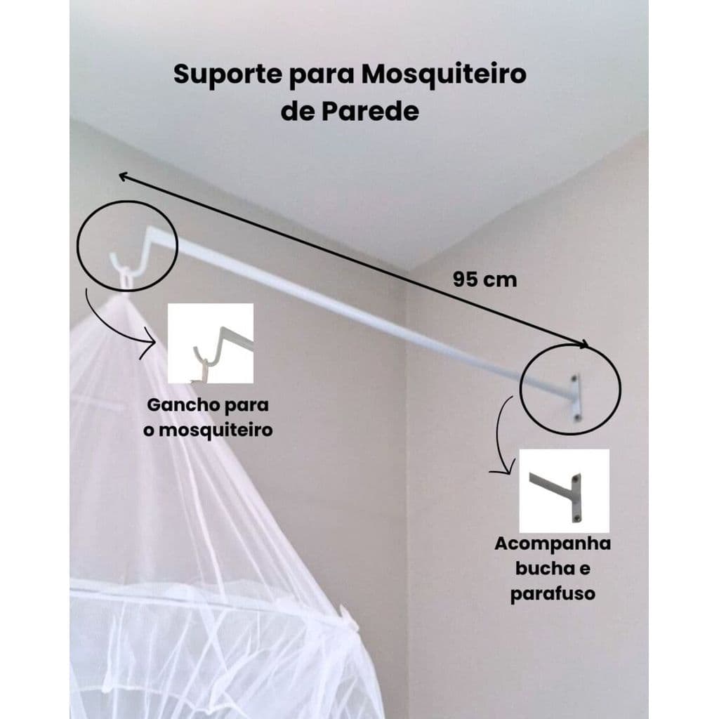 Suporte para Mosquiteiro para Parede 95 CM Comprimento em Aço com Bucha e Parafuso
