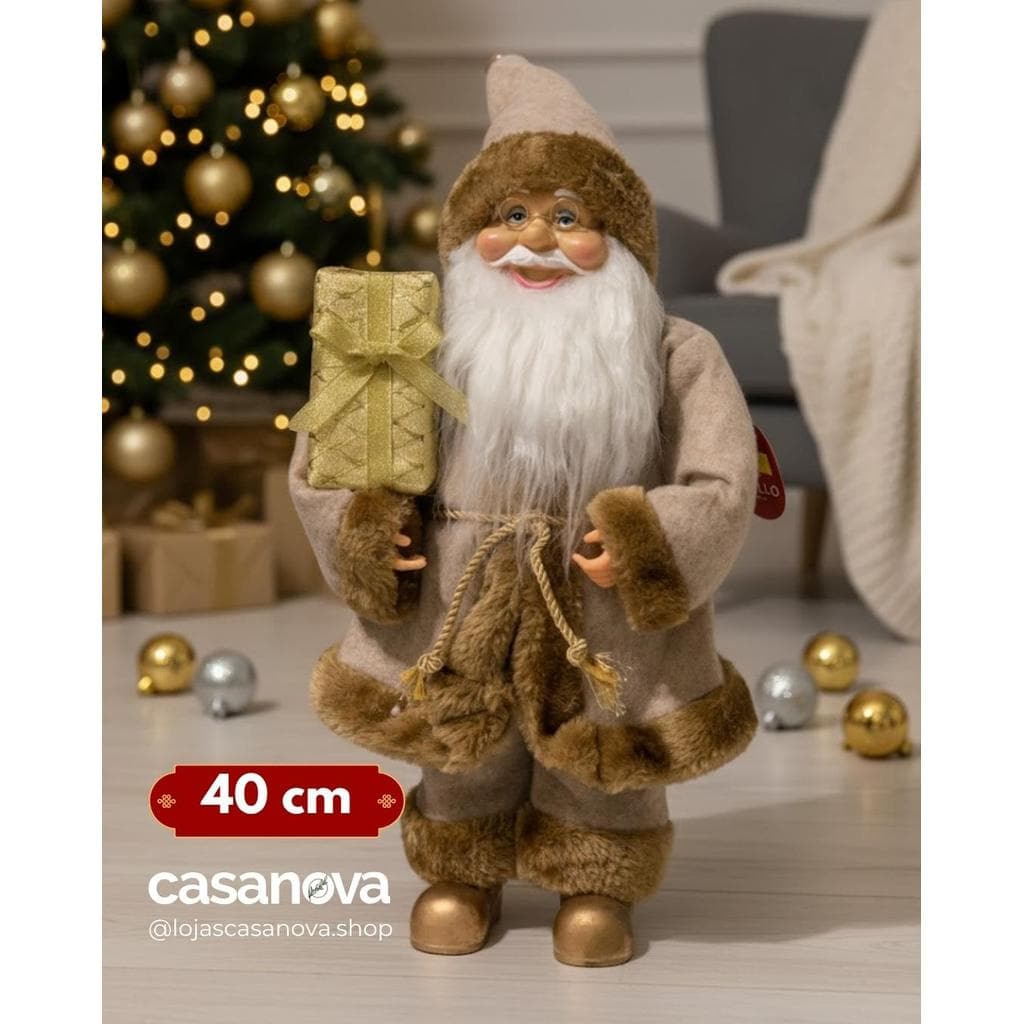 Papai Noel em Pé 40cm Bege/Dourado – Decoração Natalina Premium