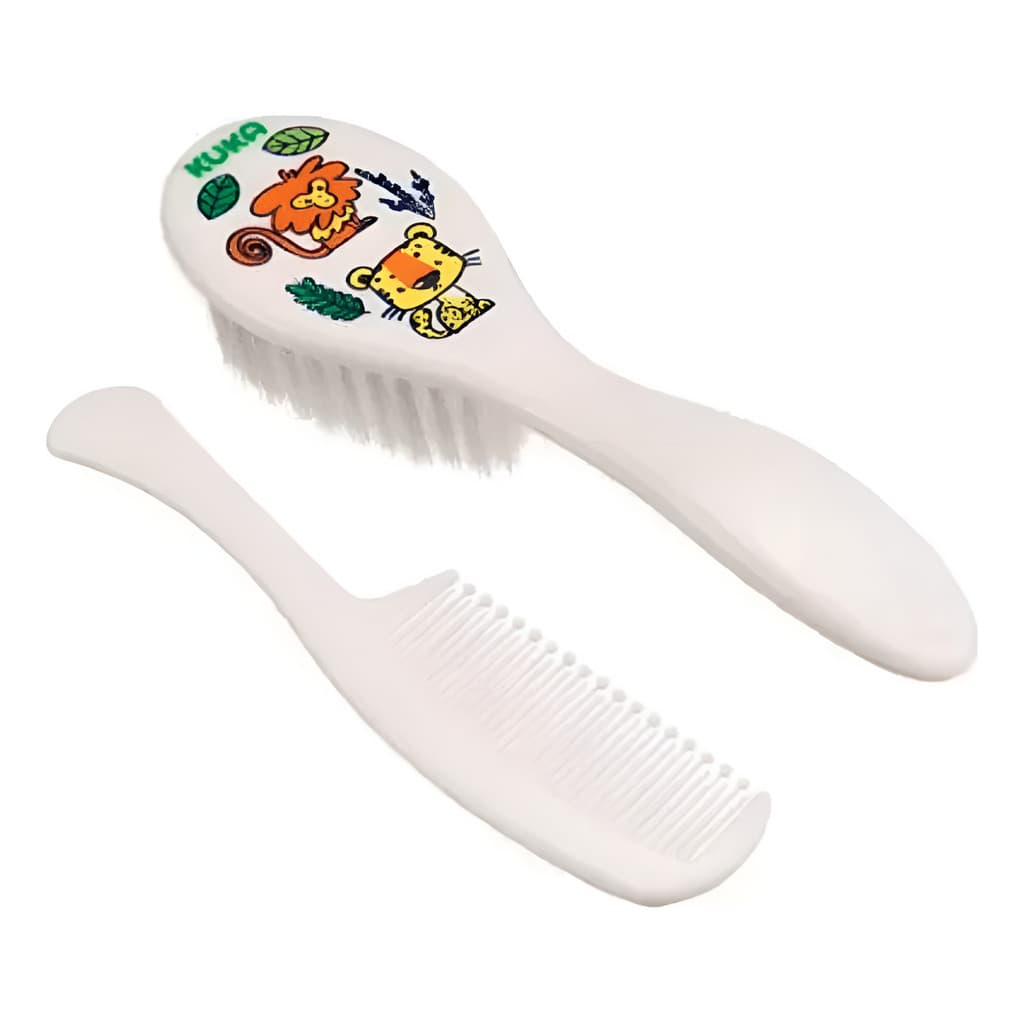 Conjunto Pente e Escova de Cabelo Kuka Macaco e Onça - Branco