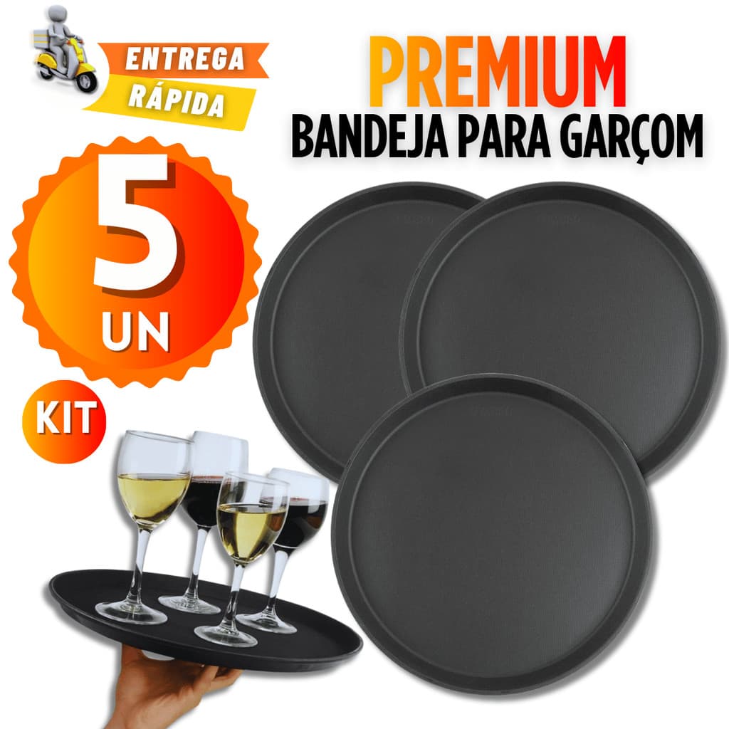 Bandeja de Garçom 5 / 4 / 3 / 2 Antiderrapante 40cm Premium Profissional para Bar, Restaurante e Eventos