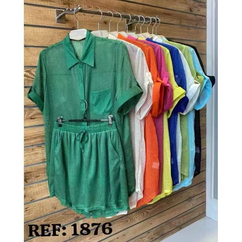 conjunto saida de praia feminina chemise manga curta e shorts com bolso na lateral—1876