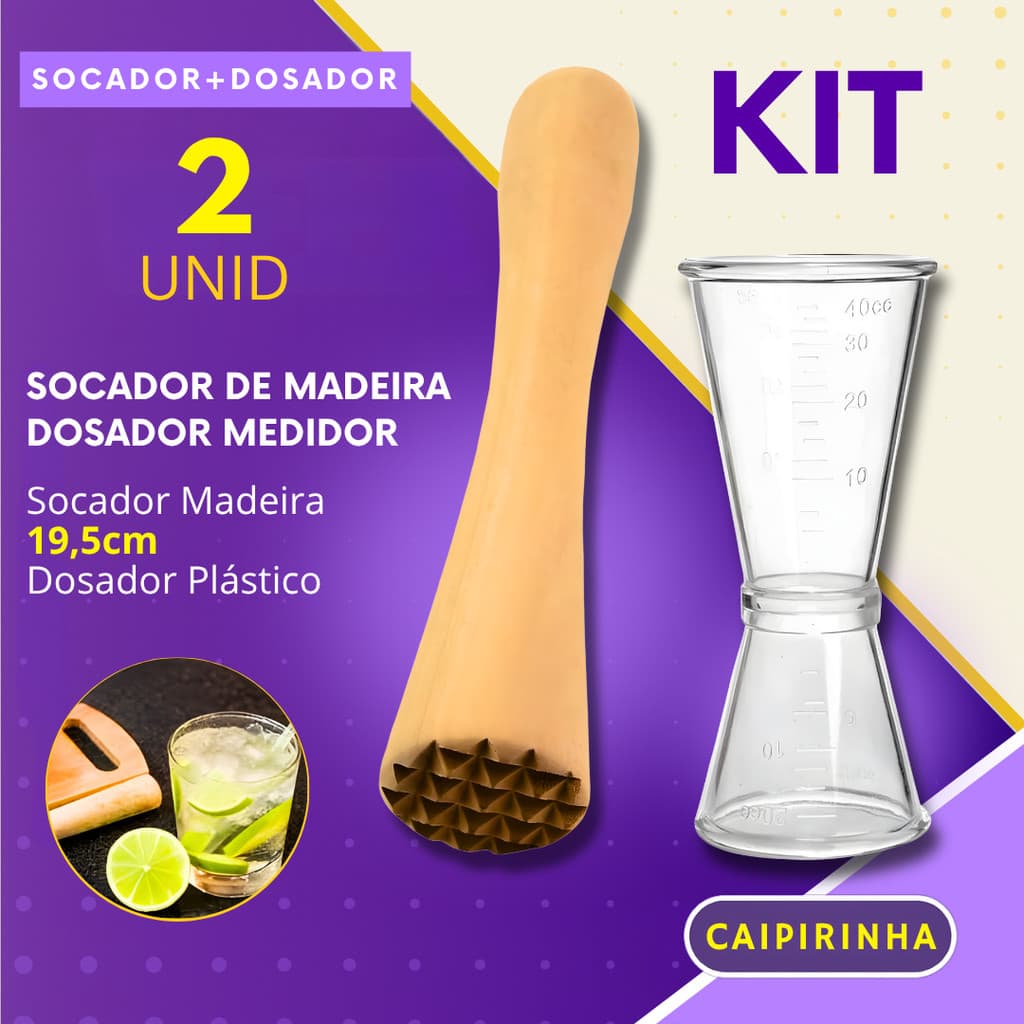 Kit 2  Socador de Madeira e Dosador Medidor Macerador Drinks Coqueteis Bebidas Bar
