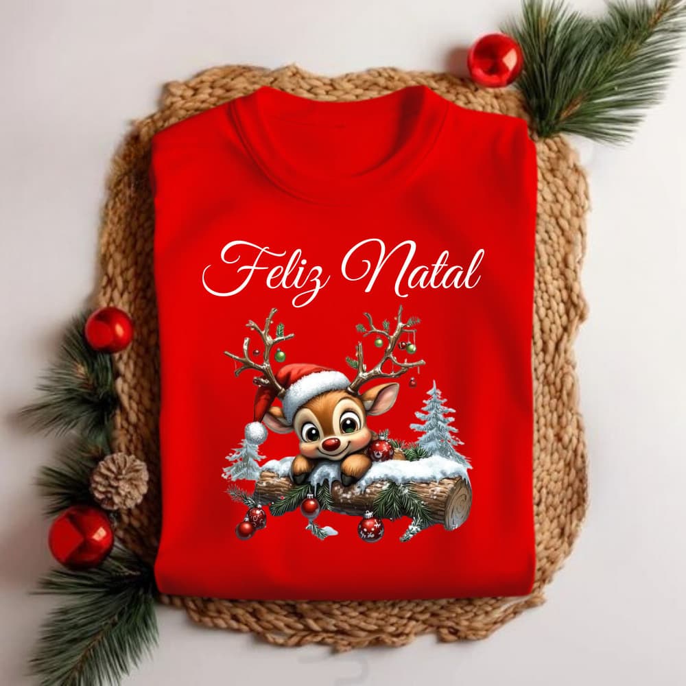 Camiseta Unissex Natal Rena na Neve Personalizada Fim de Ano Festas Look Família Conforto