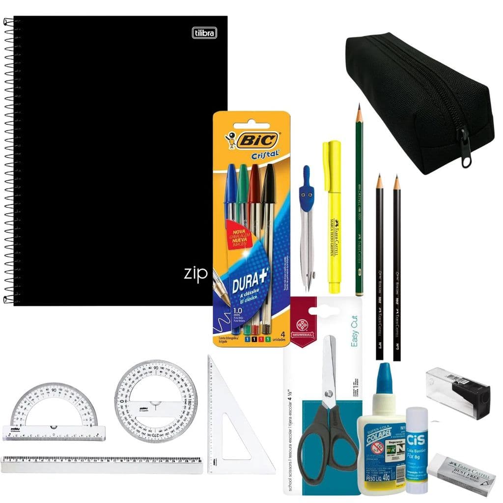 KIT 2 GRAU CADERNO 1 MATERIA MATERIAIS ESCRITA TESOURA BORRACHA COLA COMPASSO ESTOJO GRIFA TEXTO