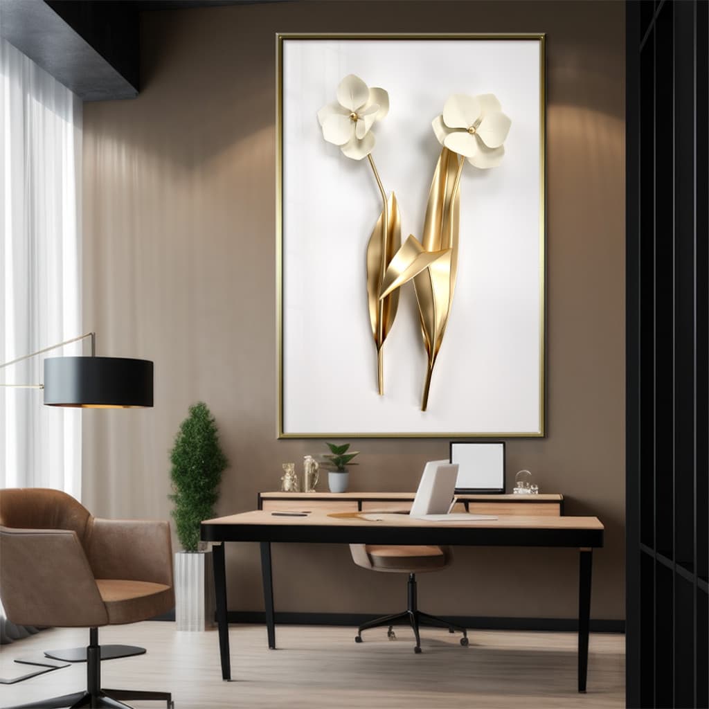 Quadro Decorativo GRANDE Alta Resolução Para Sala Quarto Escritório Flor Branco e dourado