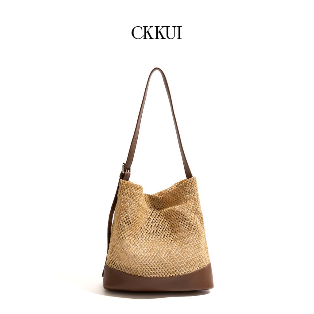 CKKUI Bolsa de tecido simples para férias à beira-mar Bolsa balde de palha estilo preguiçoso Bolsa de ombro de grande ca